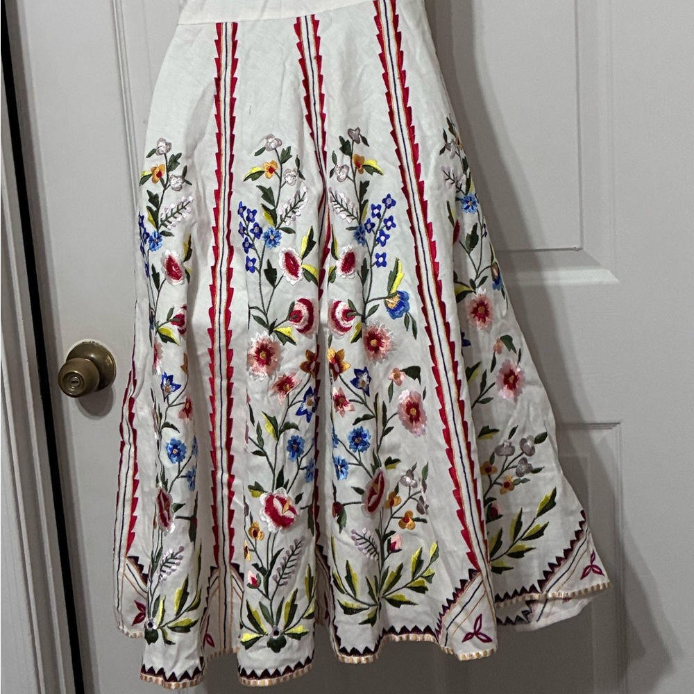 Sue Wong White dress with Multicolor Floral Embroidery ,stains on top (pictured)